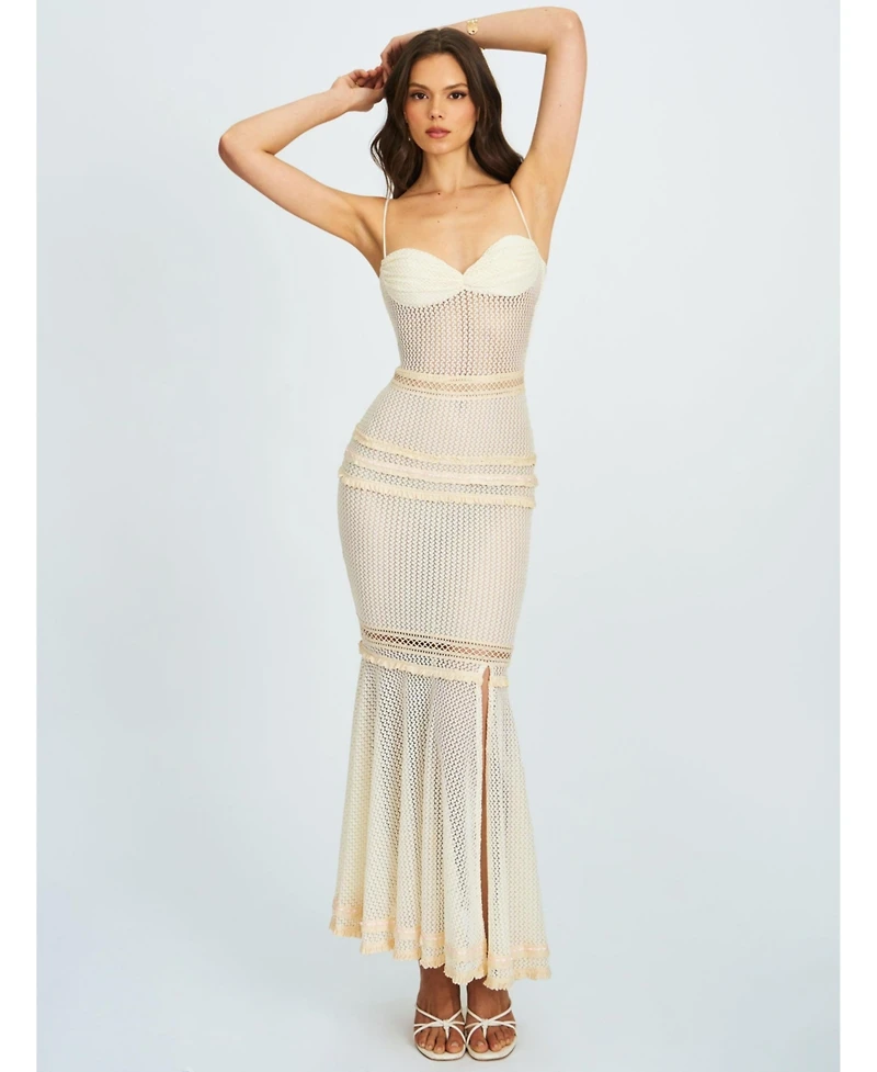 Miss Circle Women's Pallas Beige Lace Trim Crochet Mermaid Maxi Dress