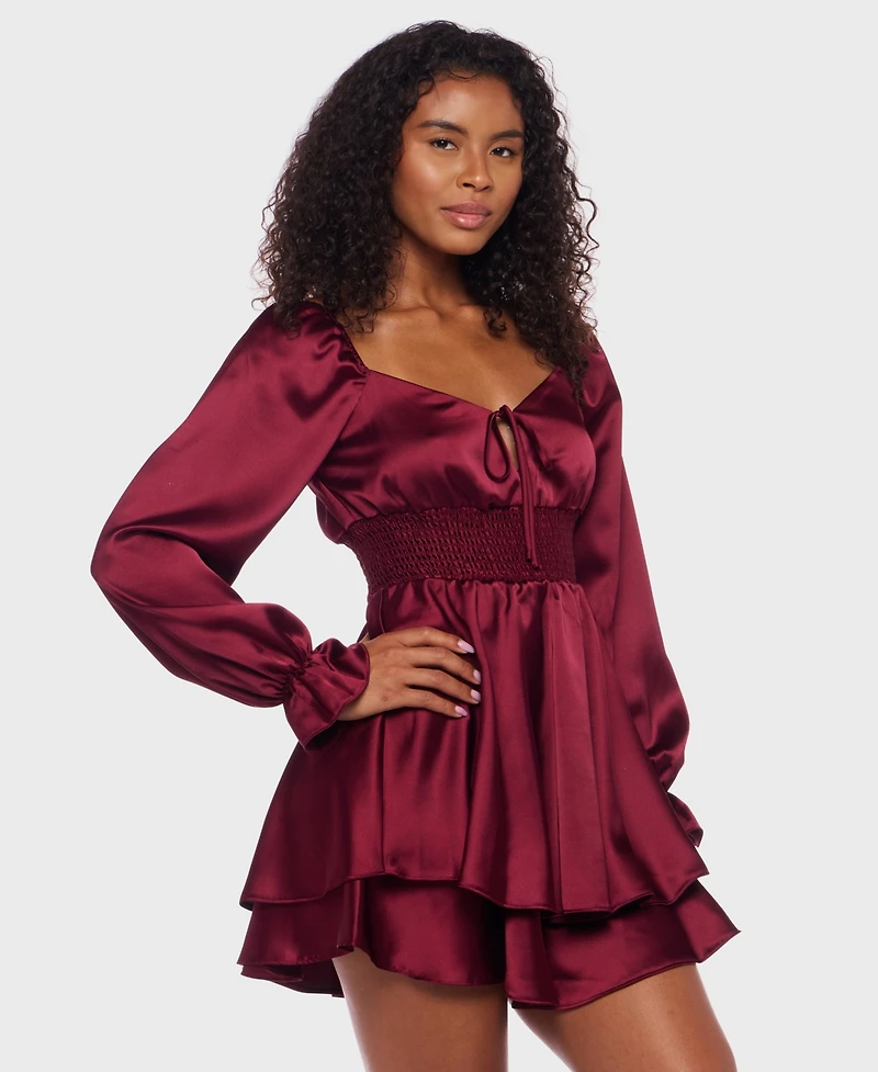 B Darlin Juniors' Satin Tie-Neck Smocked-Waist Dress