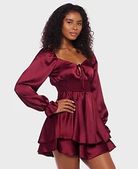 B Darlin Juniors' Satin Tie-Neck Smocked-Waist Dress