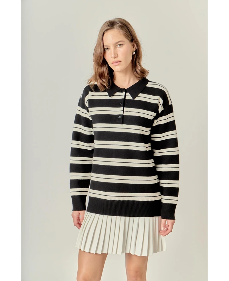 English Factory Women's stripe polo mixed media mini dress