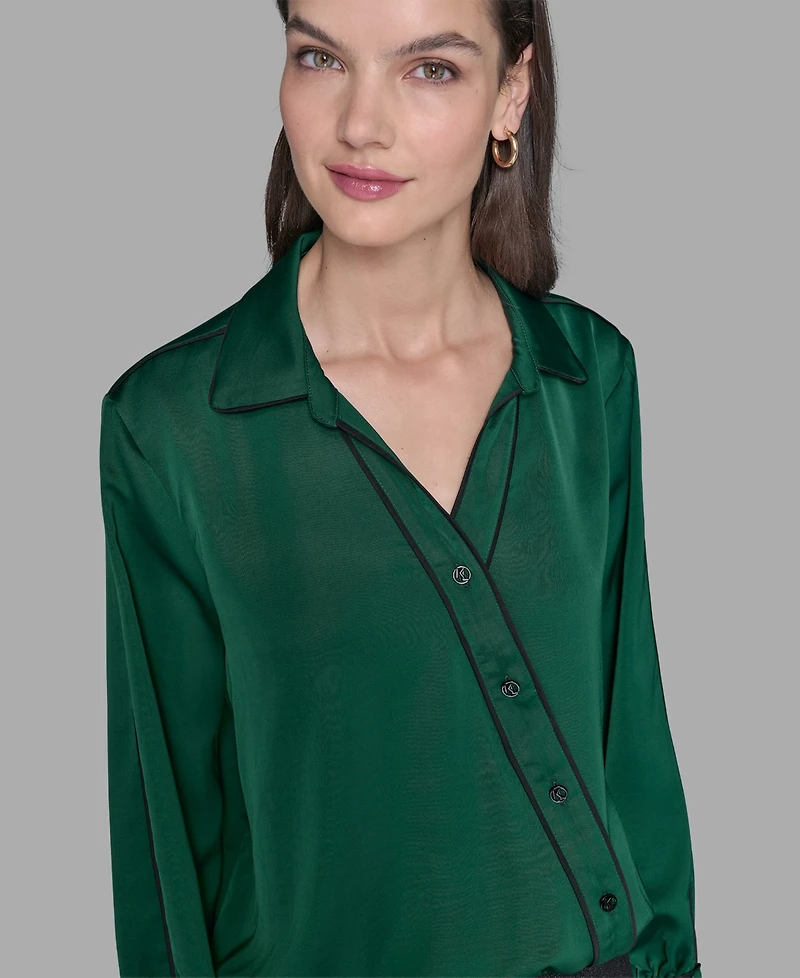 Karl Lagerfeld Paris Petite Crossover Woven Long Sleeve Blouse
