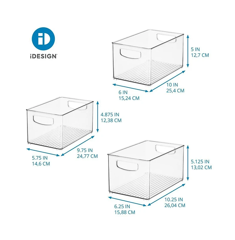 iDesign Plastic Storage Bins with Handles - Set of 3 - Clear