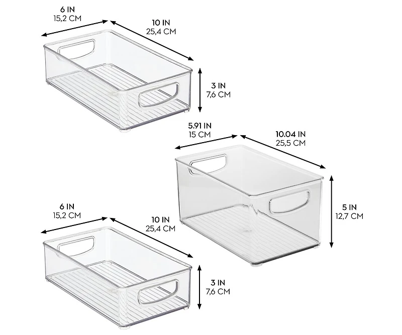 iDesign Plastic Stackable Pantry Bins with Handles, 3 Pack, Clear, Made in Usa