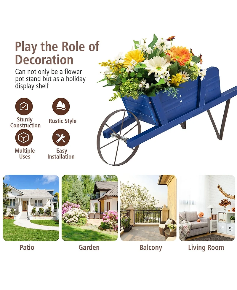 Gymax Wooden Wagon Planter Decorative Indoor/Outdoor Rustic Flower Cart w/Wheel