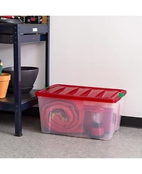 Iris Usa 94 Quart Stackable Holiday Plastic Storage Bins with Lids and Latching Buckles, Clear/Red - 2 Pack