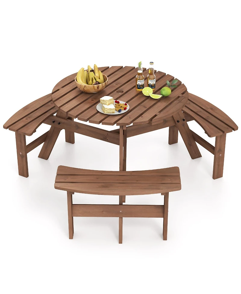 Gymax 6-Person Round Picnic Table Set w/ 3 Built-in Benches 2'' Umbrella Hole