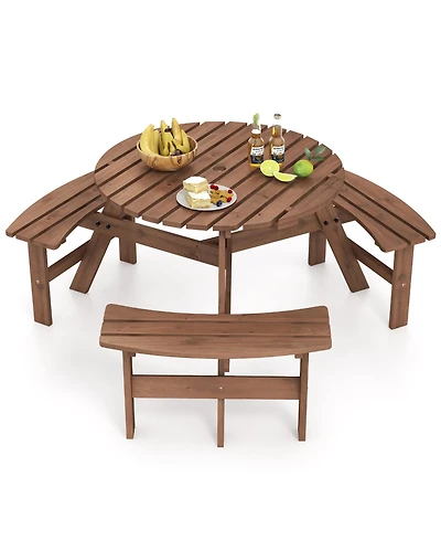 Gymax 6-Person Round Picnic Table Set w/ 3 Built-in Benches 2'' Umbrella Hole