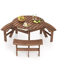 Gymax 6-Person Round Picnic Table Set w/ 3 Built-in Benches 2'' Umbrella Hole