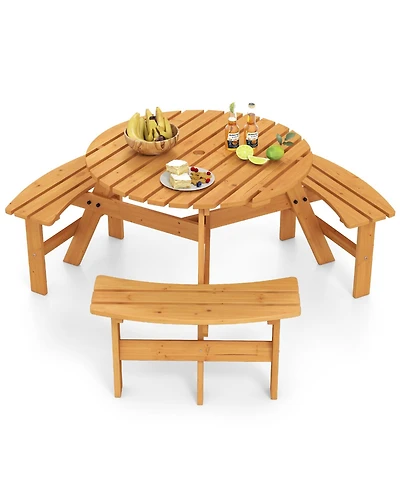 Gymax 6-Person Round Picnic Table Set w/ 3 Built-in Benches 2'' Umbrella Hole
