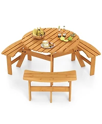 Gymax 6-Person Round Picnic Table Set w/ 3 Built-in Benches 2'' Umbrella Hole