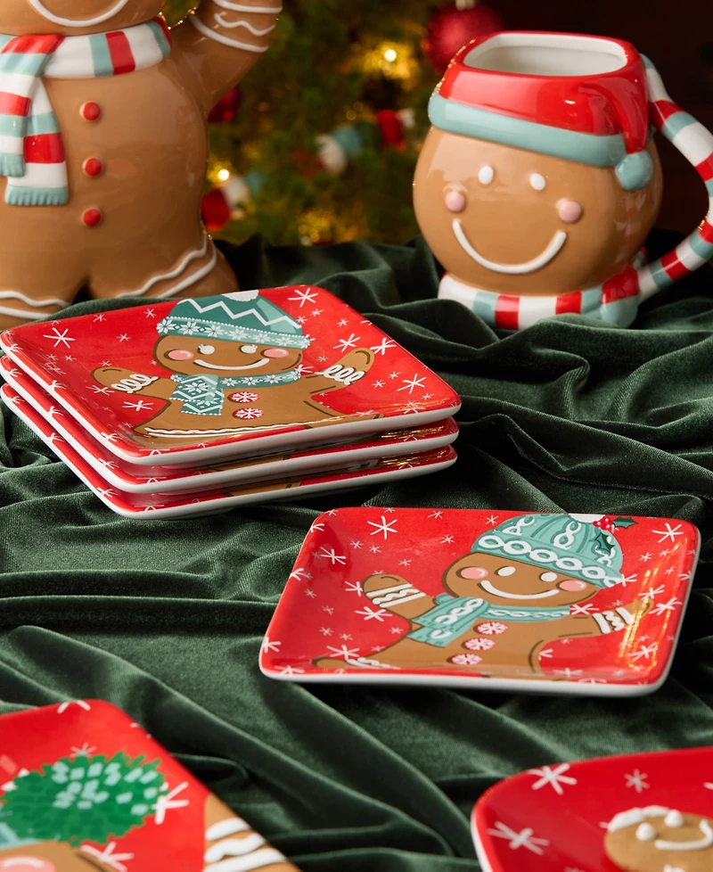 Certified International Christmas Whimsy Gingerbread Canape Plates, Set of 4