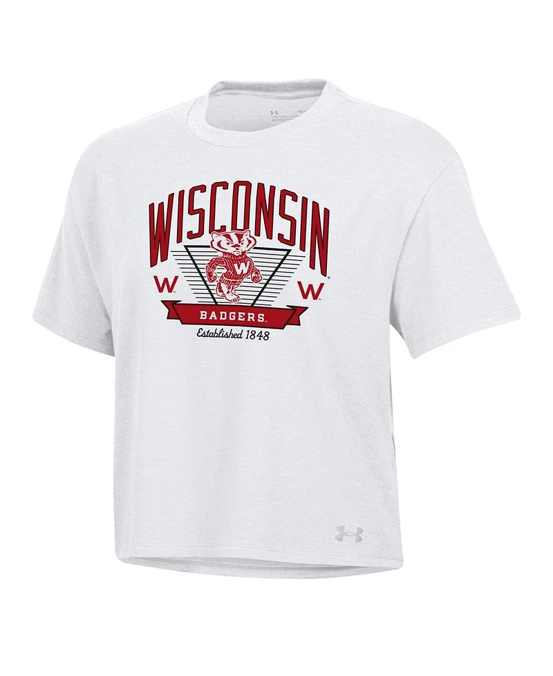 Under Armour Women's White Wisconsin Badgers Essentials Icon Ultra-Soft Tri-Blend Boxy Cropped T-Shirt