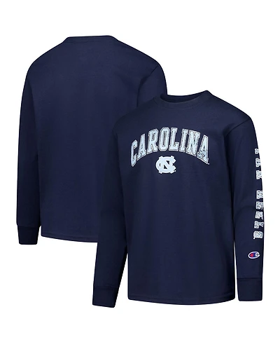 Champion Big Boys and Girls Navy North Carolina Tar Heels Distressed Arch Over Logo Long Sleeve T-Shirt