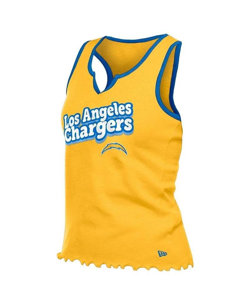 New Era Women's Gold Los Angeles Chargers Lettuce Hem Notch Neck Tri-Blend Tank Top