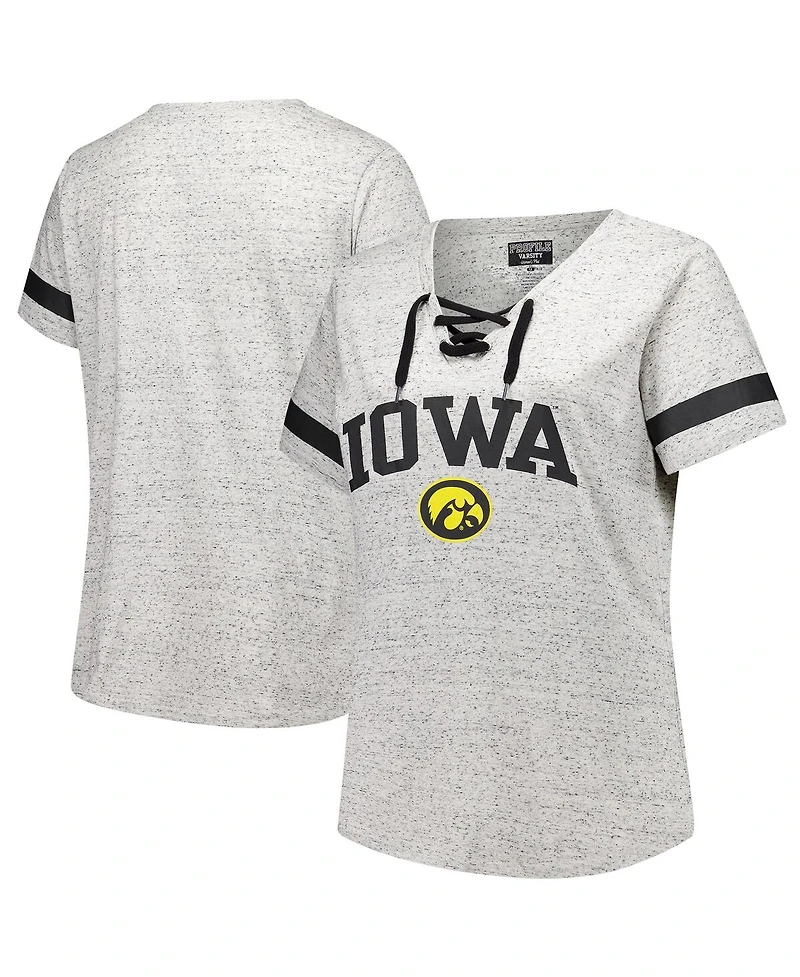 Fanatics Women's Heather Gray Iowa Hawkeyes Plus Lace-Up V-Neck T-Shirt
