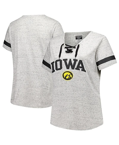 Fanatics Women's Heather Gray Iowa Hawkeyes Plus Lace-Up V-Neck T-Shirt