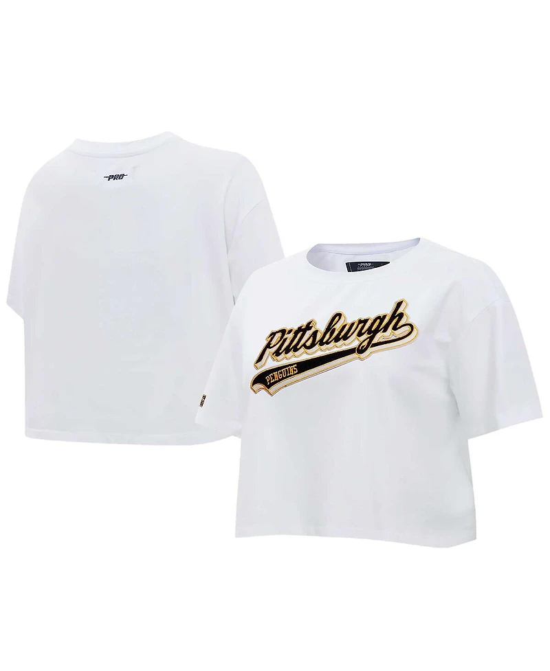 Pro Standard Women's White Pittsburgh Penguins Boxy Script Tail Cropped T-Shirt