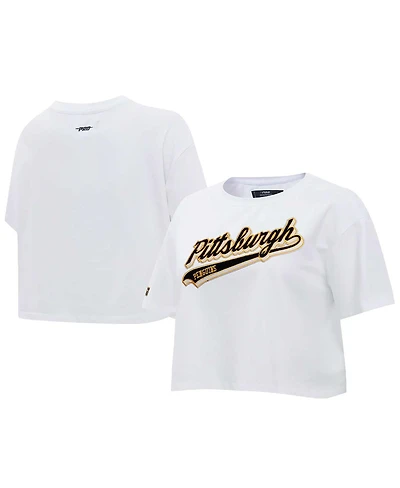 Pro Standard Women's White Pittsburgh Penguins Boxy Script Tail Cropped T-Shirt