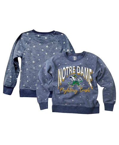 Wes & Willy Big Girls Navy Notre Dame Fighting Irish Shimmer Star Reverse Fleece Raglan Pullover Sweatshirt
