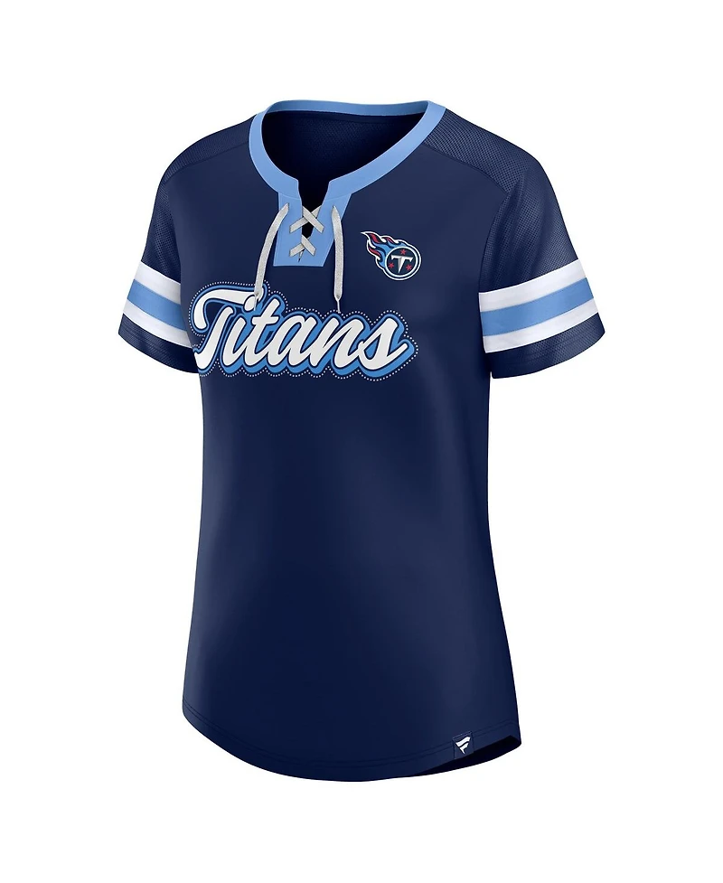 Fanatics Women's Navy Tennessee Titans True Catch Iconic Rhinestone Bling Athena Lace-Up T-Shirt