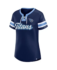 Fanatics Women's Navy Tennessee Titans True Catch Iconic Rhinestone Bling Athena Lace-Up T-Shirt