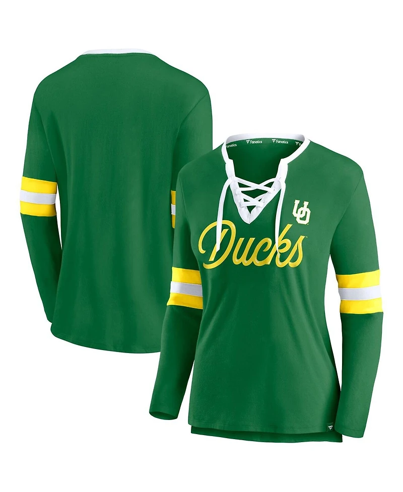 Fanatics Women's Apple Green Oregon Ducks Block Party Script Lace-Up V-Neck Long Sleeve T-Shirt