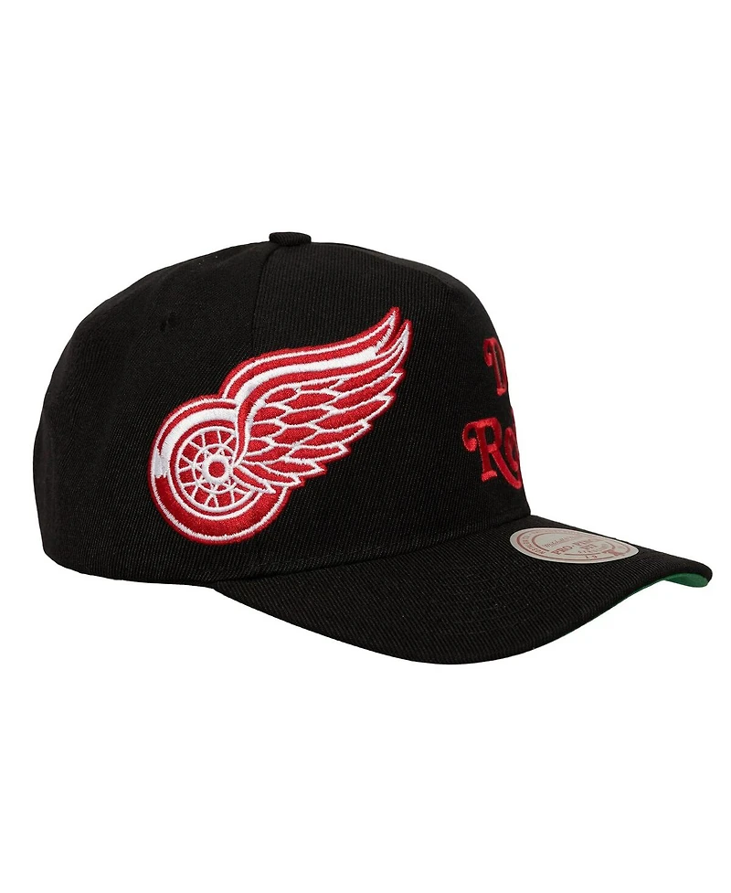 Mitchell & Ness Men's Black Detroit Red Wings Busted Logo Wordmark Wrap-Around Pro Pinch Adjustable Hat