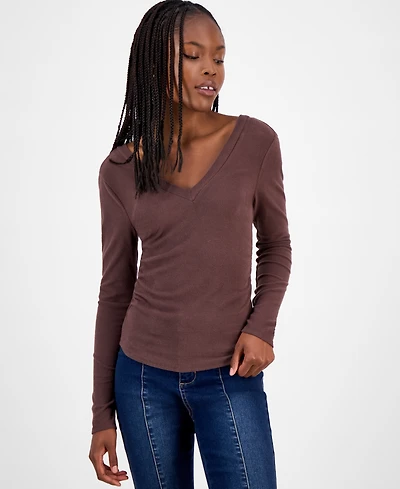 Madden Girl Juniors' Double V-Neck Ruched Long-Sleeve Tee