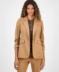 Bar Iii Womens One Button Scrunched Sleeve Jacket Leopard Print Short Sleeve Mesh Top High Rise Flared Leg Pants Macys Exclusive