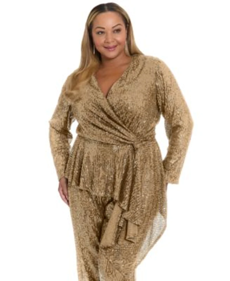 Muse Plus Size Sequin Long Sleeve Twist Wrap Top Pull On Pants