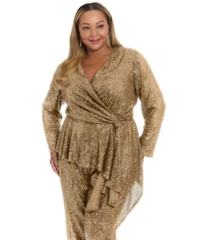 Muse Plus Size Sequin Long Sleeve Twist Wrap Top Pull On Pants