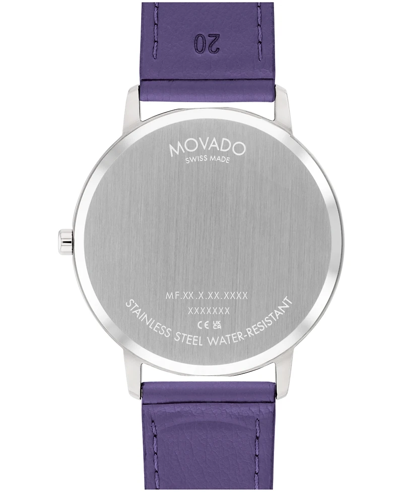 Movado Unisex Face Swiss Quartz Plum Leather Watch, 41mm