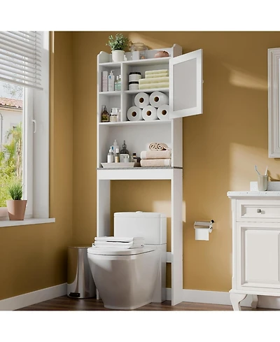 Vanirror White Over The Bathroom Storage Cabinet, Freestanding Wood Space-Saving Organizer with Glass Door & Adjustable Shelves