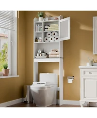 Vanirror White Over The Bathroom Storage Cabinet, Freestanding Wood Space-Saving Organizer with Glass Door & Adjustable Shelves
