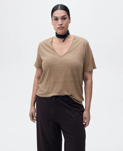 Mango Women's V-Neck Linen T-Shirt