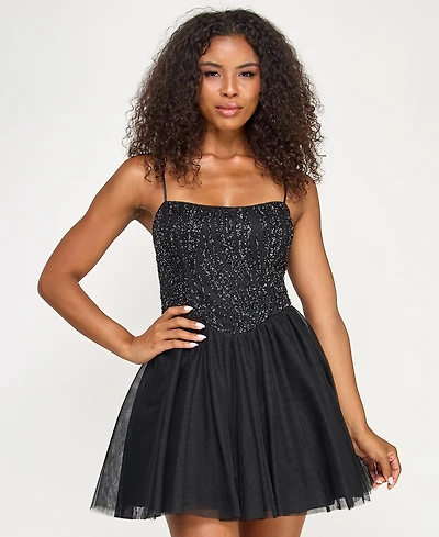 Seni & Cade Juniors' Sequin Top Tulle Bottom Short Dress