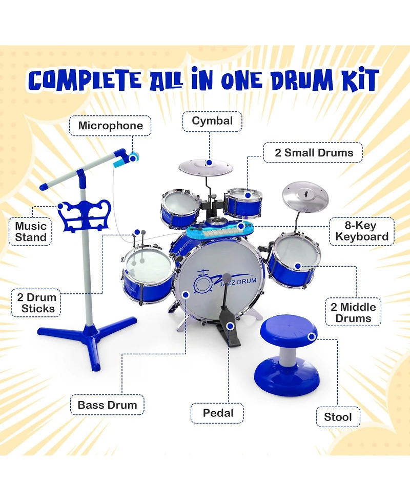 Akiudex Kids Drum and Keyboard Set with Microphone Stand and Stool