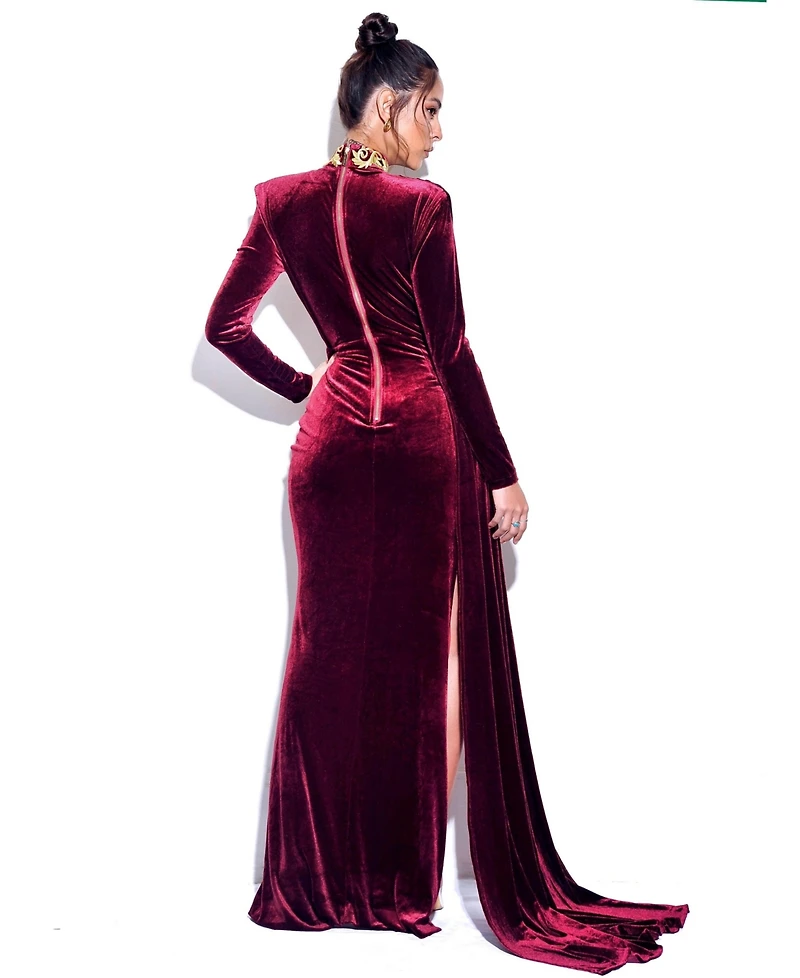 Miss Circle Women Zenaida Burgundy Cutout High Slit Velvet Gown