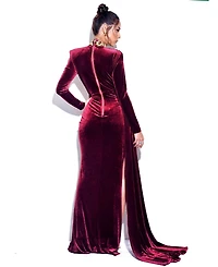 Miss Circle Women Zenaida Burgundy Cutout High Slit Velvet Gown