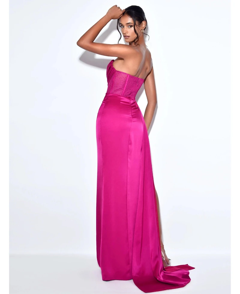 Miss Circle Women Holly Fuchsia Crystallized Corset High Slit Satin Gown