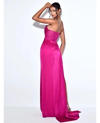 Miss Circle Women Holly Fuchsia Crystallized Corset High Slit Satin Gown