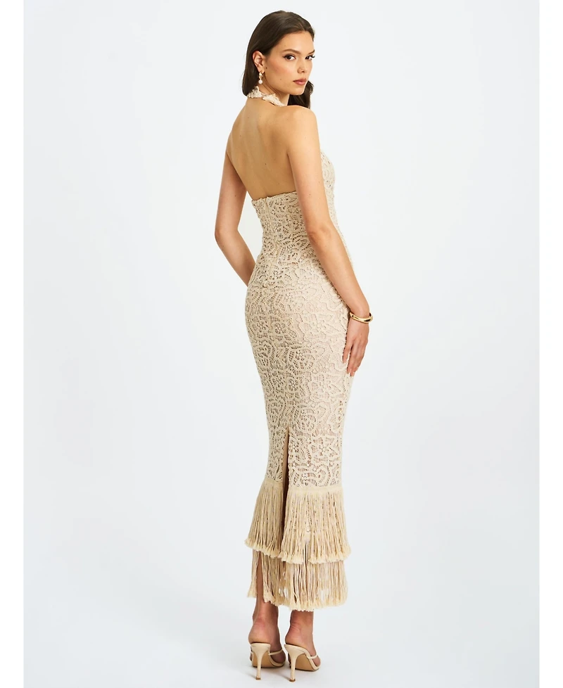 Miss Circle Women Faelyn Off-White Double Fringe Crochet Halter Maxi Dress