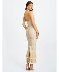 Miss Circle Women Faelyn Off-White Double Fringe Crochet Halter Maxi Dress