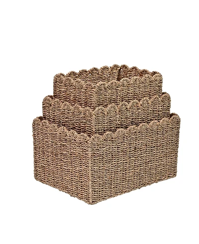 Happimess Arden Coastal Cottage Seagrass Scalloped Rectangular Organizing Storage Baskets (Set of 3)