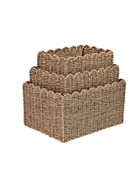 Happimess Arden Coastal Cottage Seagrass Scalloped Rectangular Organizing Storage Baskets (Set of 3)