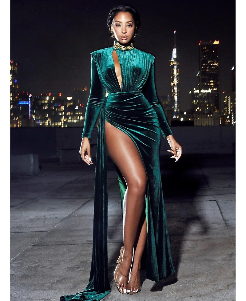 Miss Circle Women Zenaida Emerald Green Cutout High Slit Velvet Gown