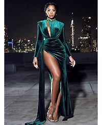 Miss Circle Women Zenaida Emerald Green Cutout High Slit Velvet Gown