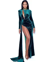 Miss Circle Women Zenaida Emerald Green Cutout High Slit Velvet Gown