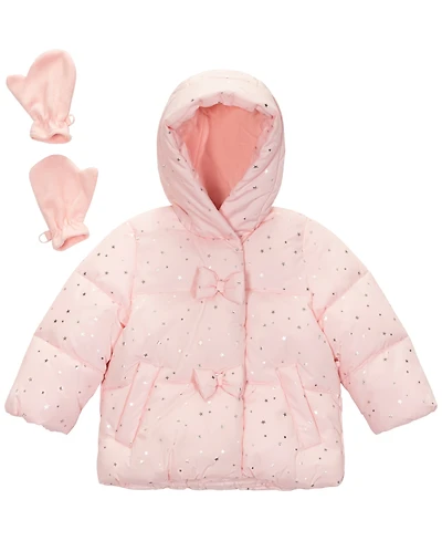 S Rothschild & Co Baby Girls 2-Piece Star Foil Print Puffer Jacket and Mittens Set