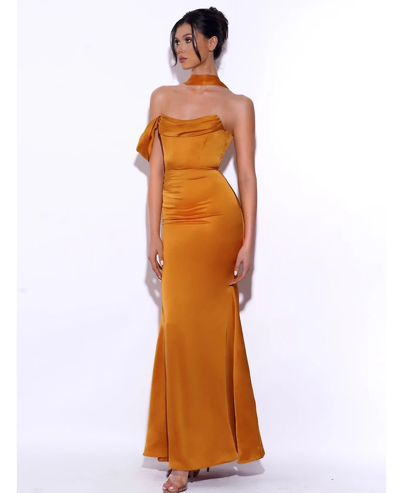 Miss Circle Women's Ivona Gold Halter Neck Double Duchess Satin Gown